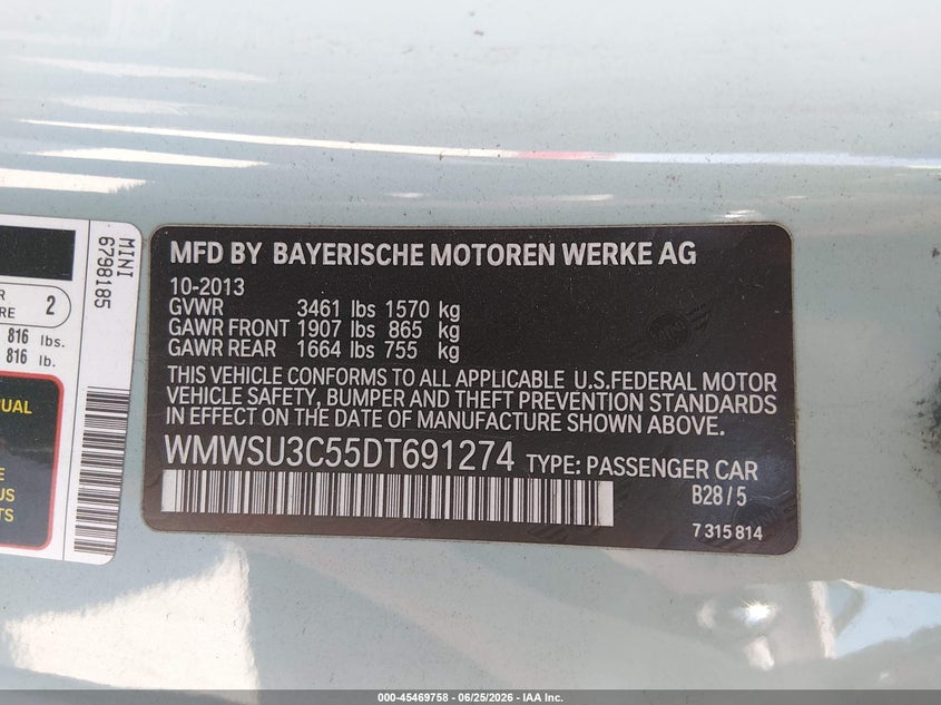 2013 MINI HARD TOP HATCHBACK 1.6L I-4 DOHC, VVT, 121HP