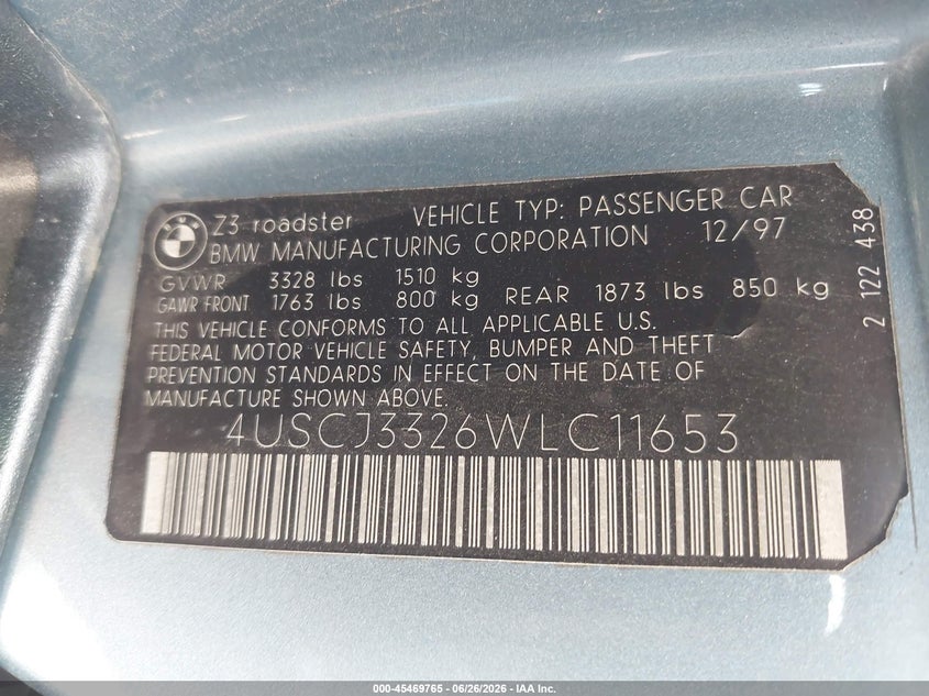 1998 BMW Z3 2.8 VIN: 4USCJ3326WLC11653 Lot: 45469765