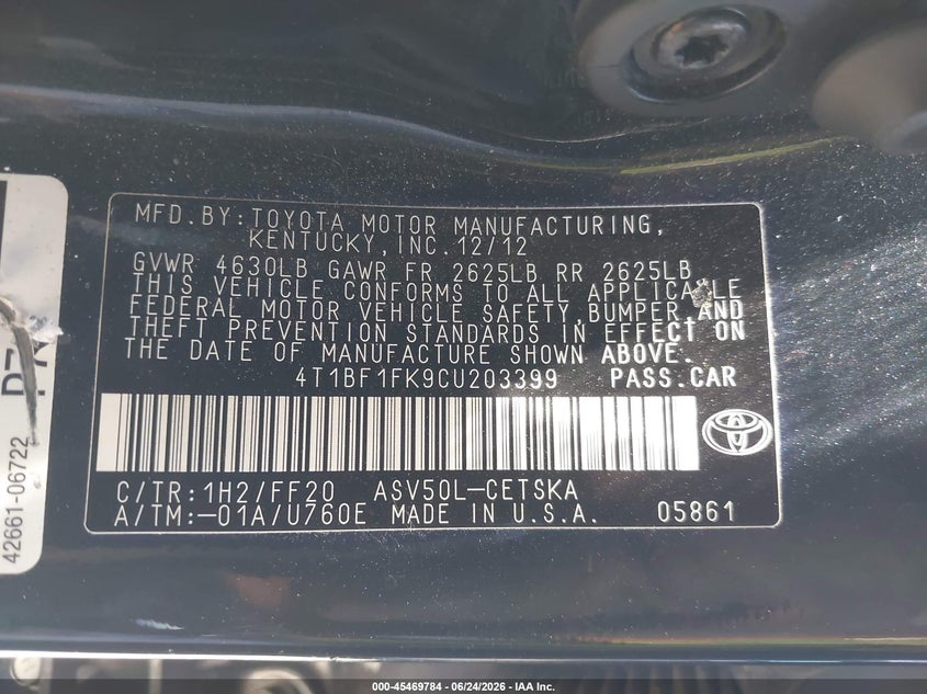 2012 TOYOTA CAMRY SEDAN 2.5L I4 FI DOHC 16V NF4
