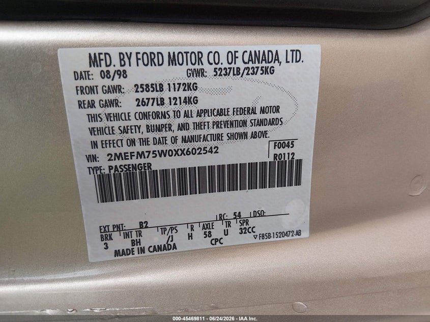 1999 Mercury Grand Marquis Ls VIN: 2MEFM75W0XX602542 Lot: 45469811