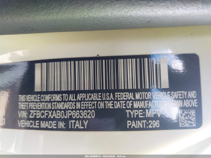2018 Fiat 500X Pop Fwd VIN: ZFBCFXAB0JP663620 Lot: 45469918