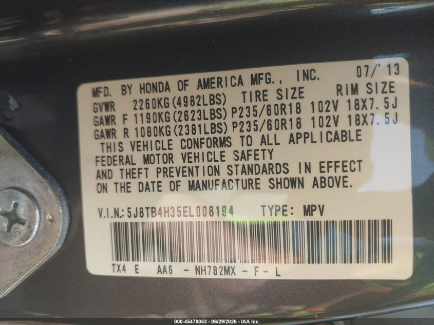 ACURA RDX 2014 VIN 5J8TB4H35EL008194
