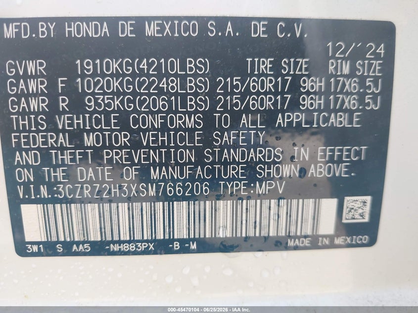 HONDA HR-V 2025 VIN 3CZRZ2H3XSM766206