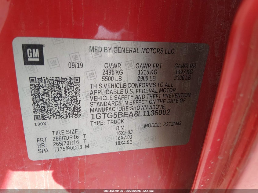 2020 GMC Canyon 2Wd Short Box VIN: 1GTG5BEA8L1136002 Lot: 45470126