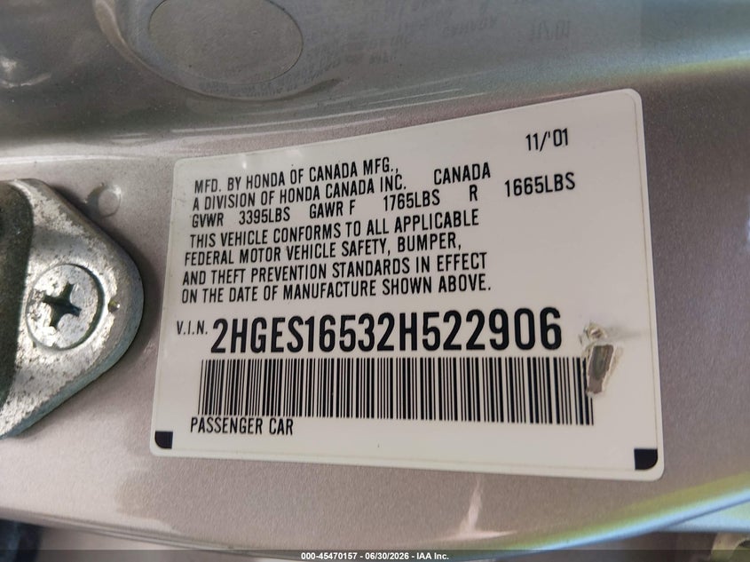 2002 HONDA CIVIC SEDAN 1.7L I-4 115HP