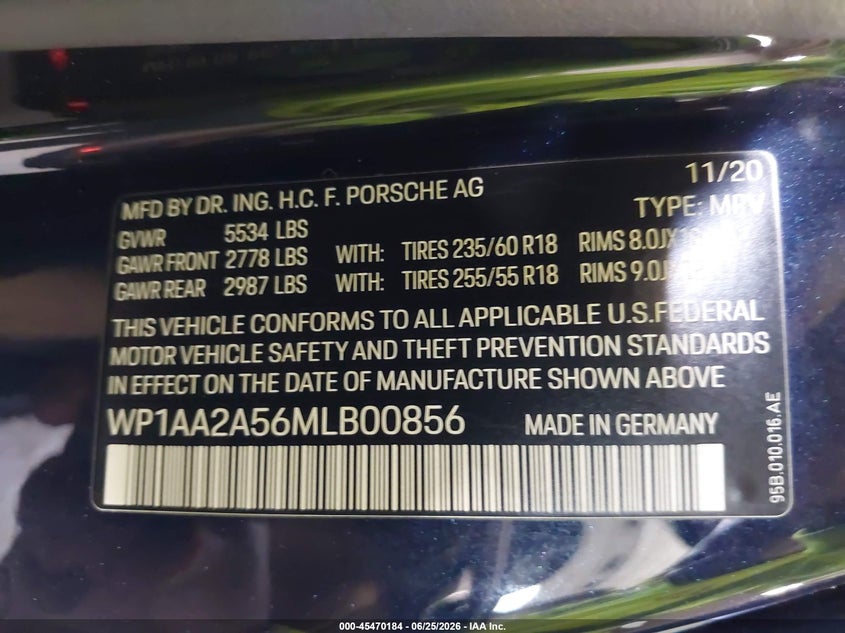 2021 Porsche Macan VIN: WP1AA2A56MLB00856 Lot: 45470184