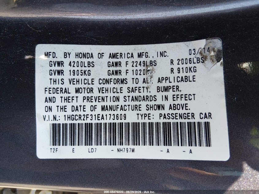 2014 Honda Accord Lx VIN: 1HGCR2F31EA173609 Lot: 45470223