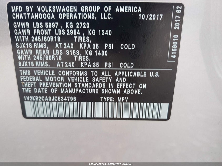 2018 Volkswagen Atlas 3.6L V6 Se VIN: 1V2KR2CA3JC534798 Lot: 45470245