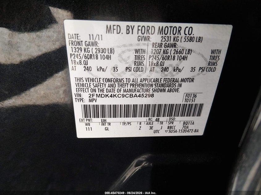 2012 FORD EDGE SPORT UTILITY VEHICLE 3.5L V-6 DOHC, VVT, 285HP