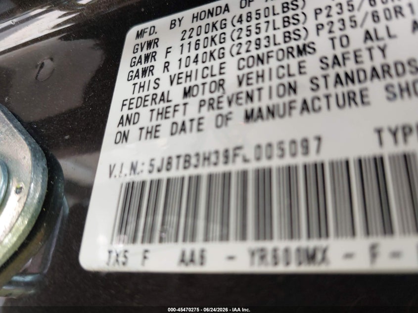 ACURA RDX 2015 VIN 5J8TB3H39FL005097