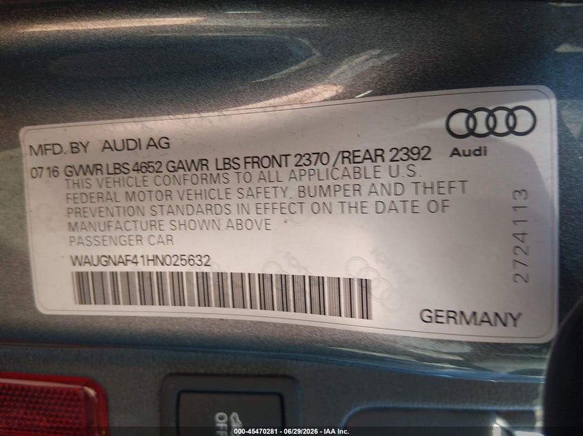 2017 Audi A4 Premium VIN: WAUGNAF41HN025632 Lot: 45470281