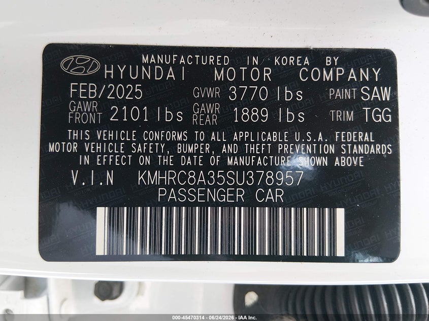 2025 Hyundai Venue Sel VIN: KMHRC8A35SU378957 Lot: 45470314