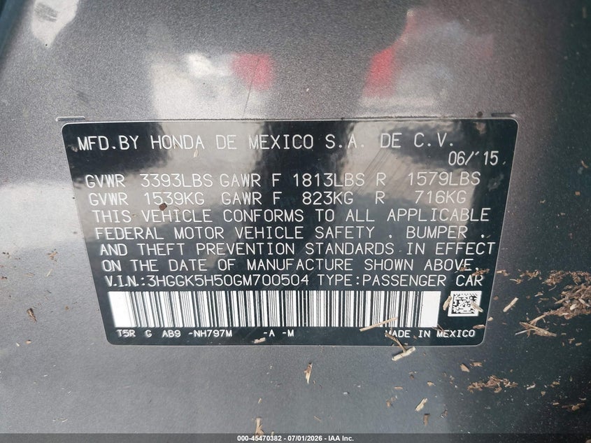 HONDA FIT 2016 VIN 3HGGK5H50GM700504