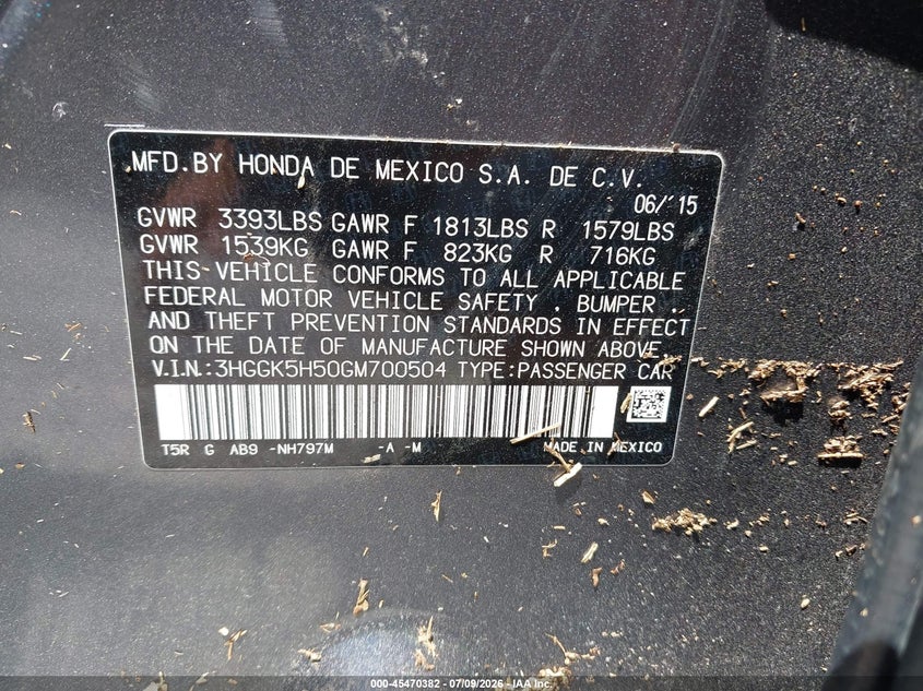 HONDA FIT 2016 VIN 3HGGK5H50GM700504