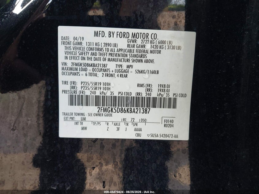 2019 Ford Flex Limited VIN: 2FMGK5D86KBA21387 Lot: 45470424