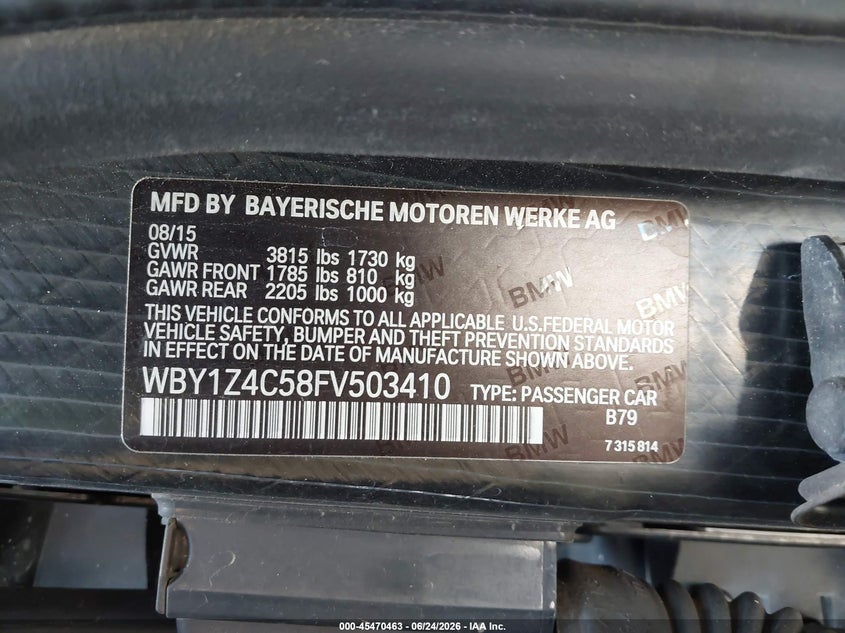 2015 BMW I3 Base W/Range Extender VIN: WBY1Z4C58FV503410 Lot: 45470463