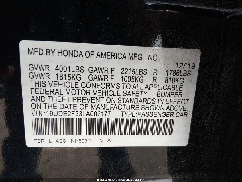 2020 Acura Ilx Standard VIN: 19UDE2F33LA002177 Lot: 45470555