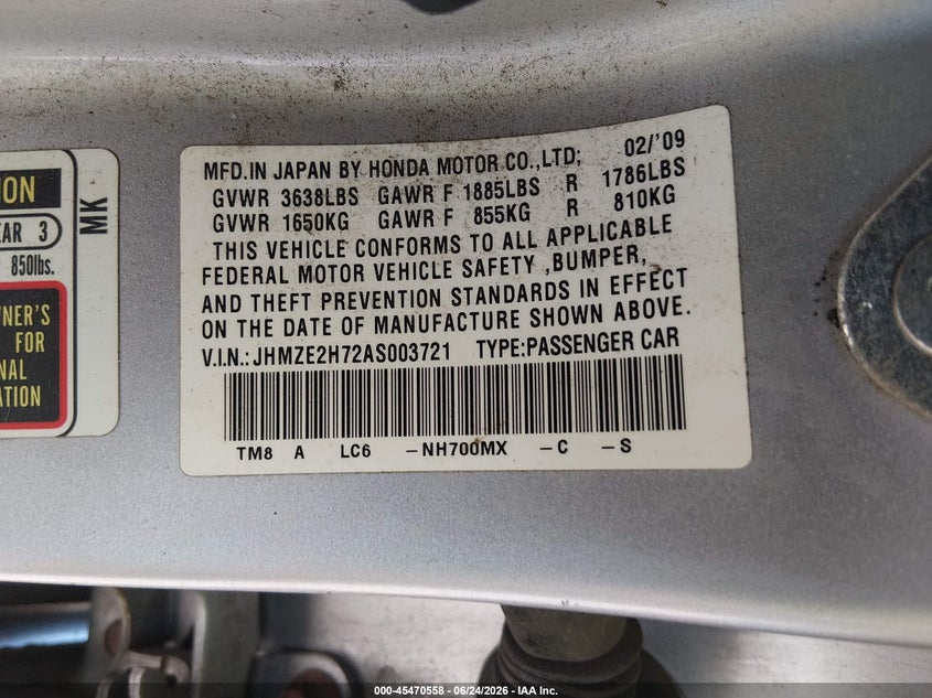 2010 Honda Insight Ex VIN: JHMZE2H72AS003721 Lot: 45470558