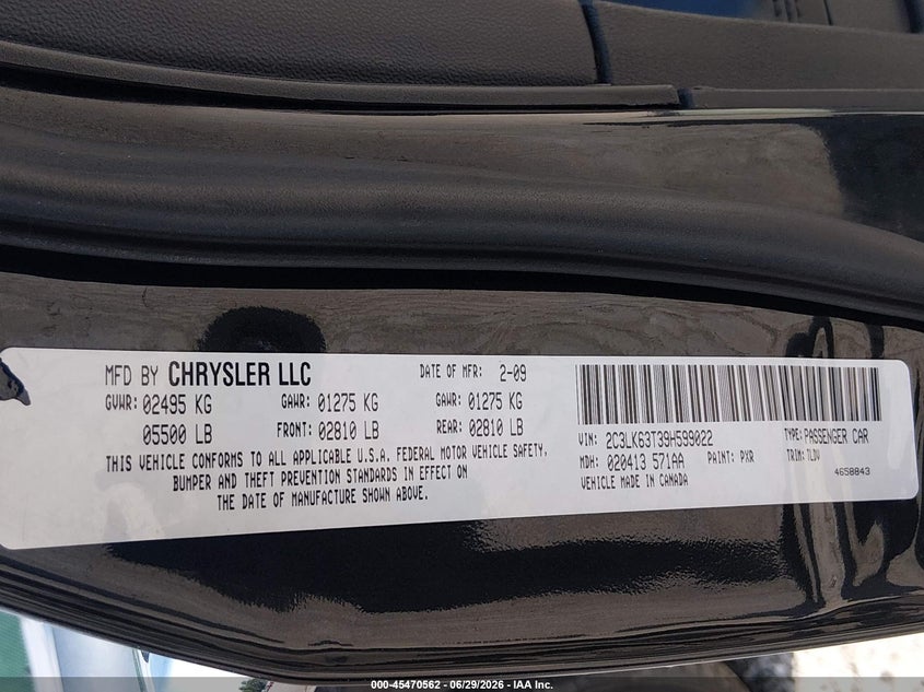 2009 Chrysler 300C Awd VIN: 2C3LK63T39H599022 Lot: 45470562