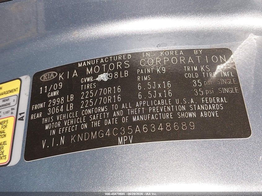 2010 Kia Sedona Lx VIN: KNDMG4C35A6348689 Lot: 45470585