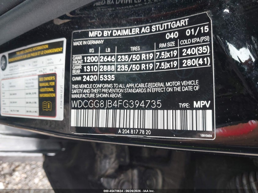 2015 Mercedes-Benz Glk 350 4Matic VIN: WDCGG8JB4FG394735 Lot: 45470634