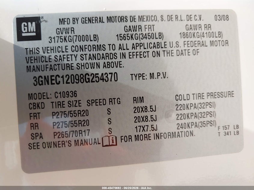2008 Chevrolet Avalanche 1500 Ltz VIN: 3GNEC12098G254370 Lot: 45470692
