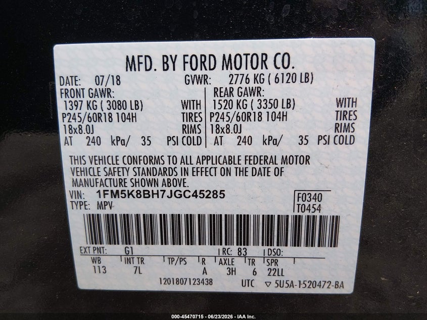 2018 Ford Explorer VIN: 1FM5K8BH7JGC45285 Lot: 45470715