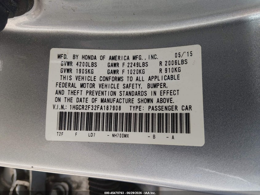 2015 Honda Accord Lx VIN: 1HGCR2F32FA187908 Lot: 45470763