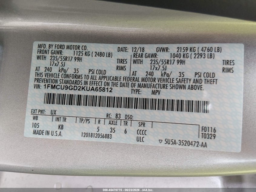 2019 Ford Escape Se VIN: 1FMCU9GD2KUA65812 Lot: 45470775
