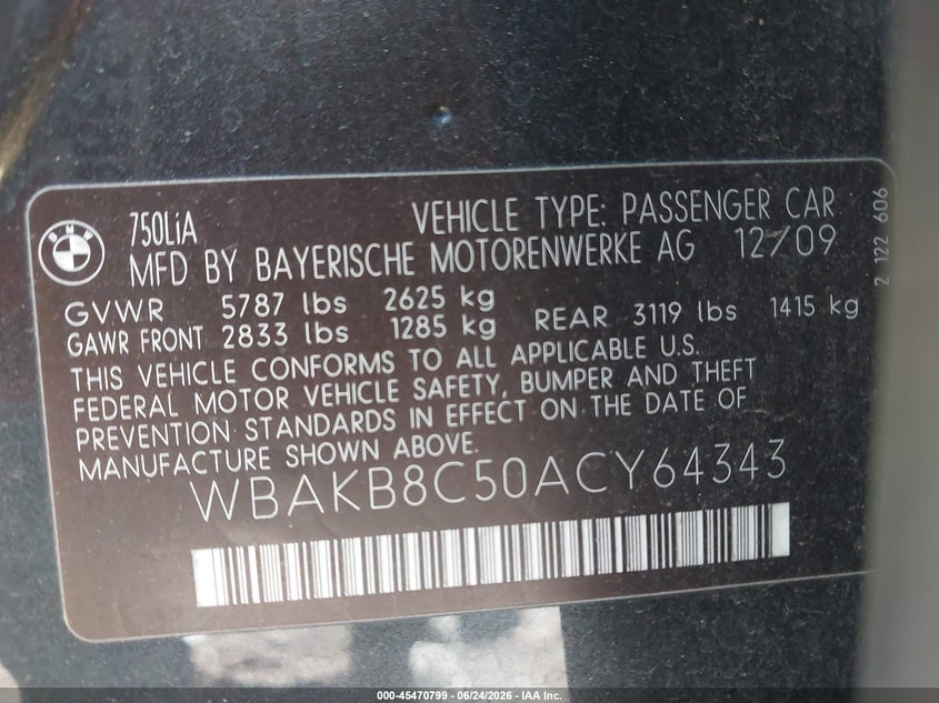 2010 BMW 750 VIN: WBAKU8C50ACY64343 Lot: 45470799