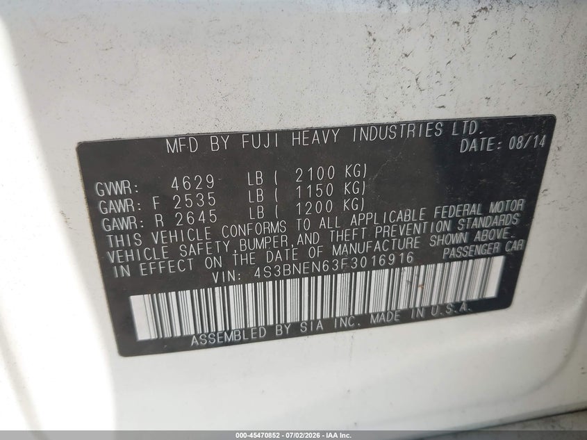 2015 SUBARU LEGACY SEDAN 3.6L H-6 DOHC, VVT, 256HP