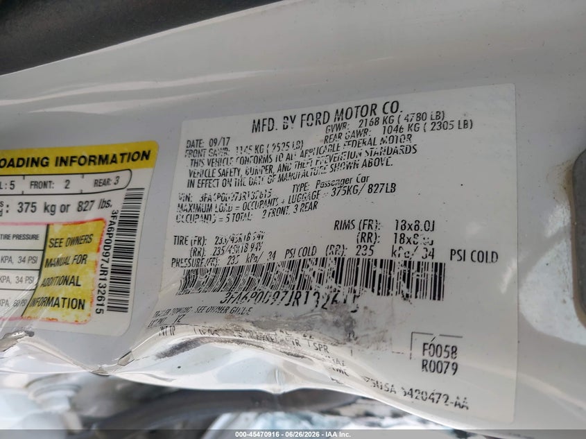 VIN 3FA6P0D97JR132615 2018 FORD FUSION PLATINUM/TITANIUM