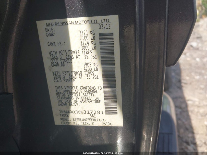 2012 Nissan Titan Pro-4X VIN: 1N6AA0CC1CN317281 Lot: 45470928
