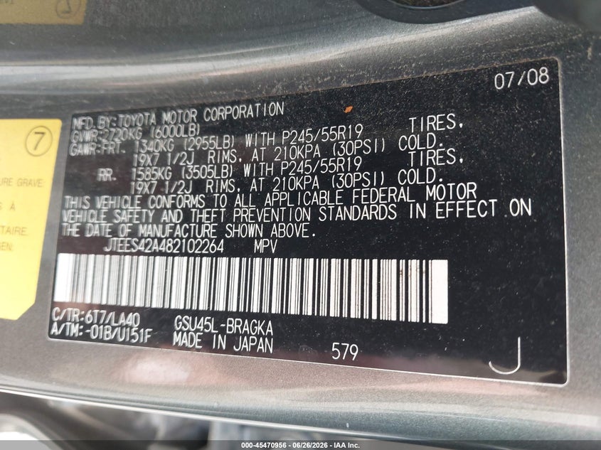 2008 TOYOTA HIGHLANDER SPORT UTILITY VEHICLE 3.5L V-6 DOHC, VVT, 270HP