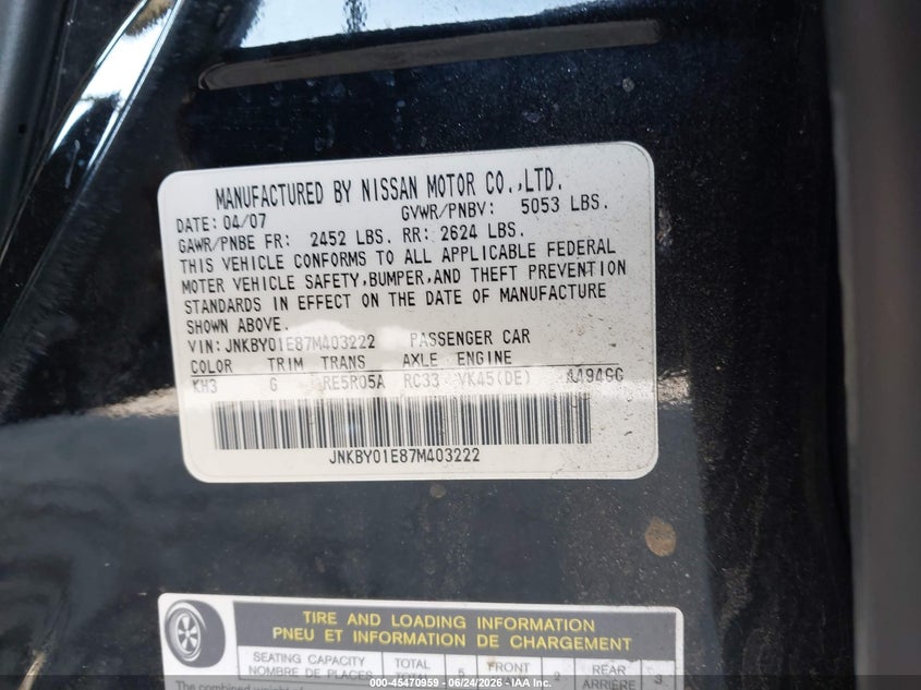 2007 Infiniti M45 Sport VIN: JNKBY01E87M403222 Lot: 45470959