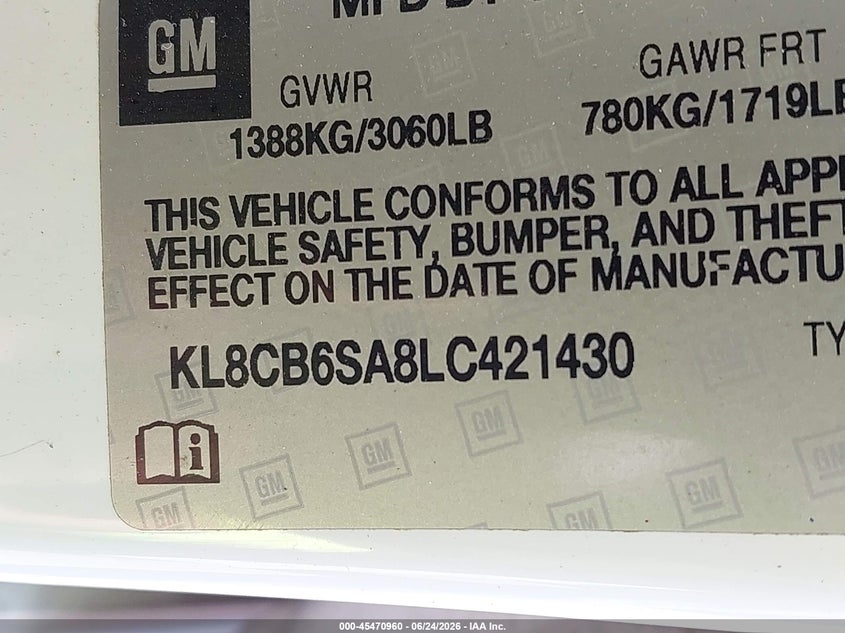 2020 CHEVROLET SPARK HATCHBACK 1.4L I-4 DOHC, VVT, 98HP