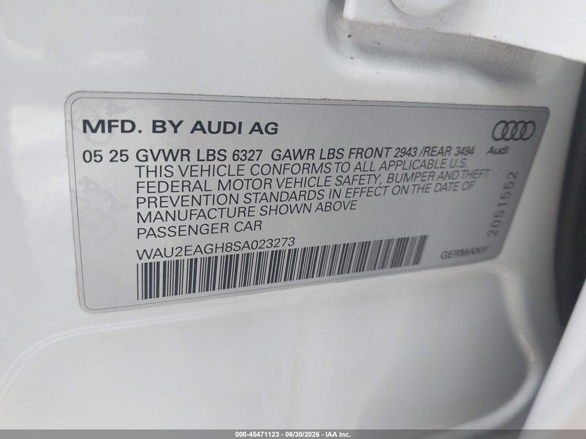 2025 Audi S6 E-Tron Premium Plus VIN: WAU2EAGH8SA023273 Lot: 45471123