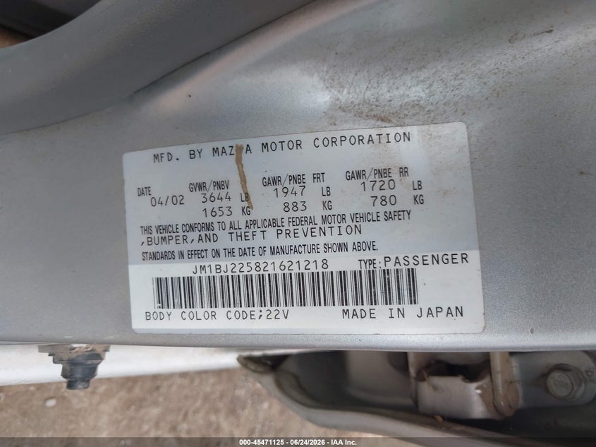 2002 Mazda Protege Dx/Es/Lx VIN: JM1BJ225821621218 Lot: 45471125