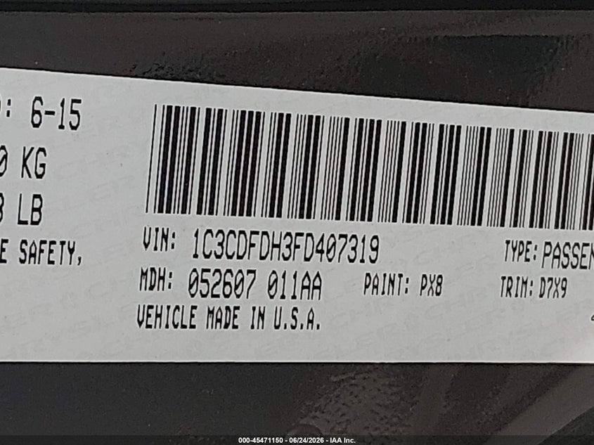 2015 Dodge Dart Aero VIN: 1C3CDFDH3FD407319 Lot: 45471150