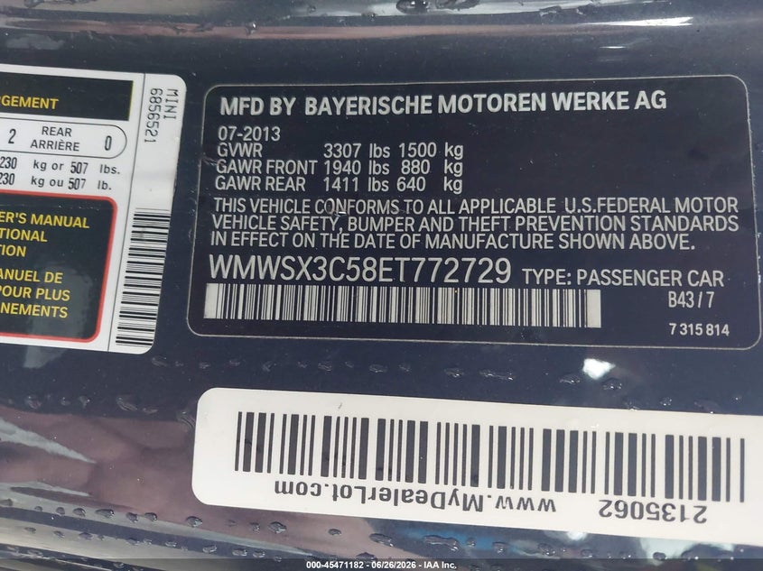 2014 Mini Coupe Cooper S VIN: WMWSX3C58ET772729 Lot: 45471182