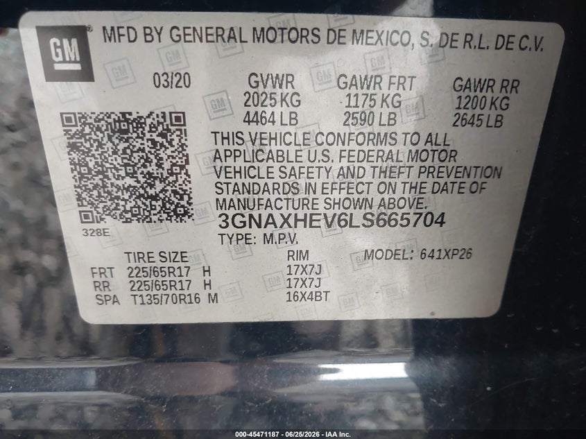 CHEVROLET EQUINOX 2020 VIN 3GNAXHEV6LS665704