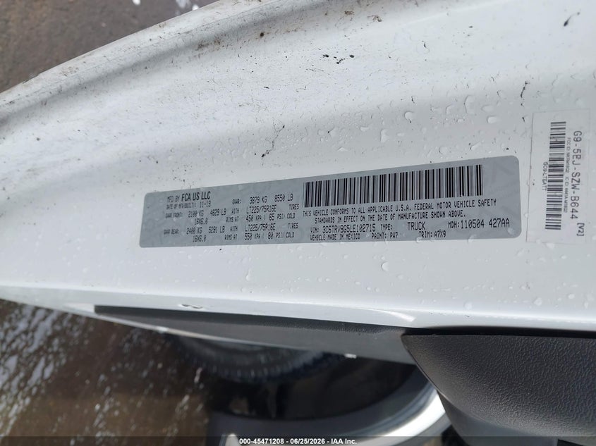 RAM PROMASTER 1500 2020 VIN 3C6TRVBG5LE102715