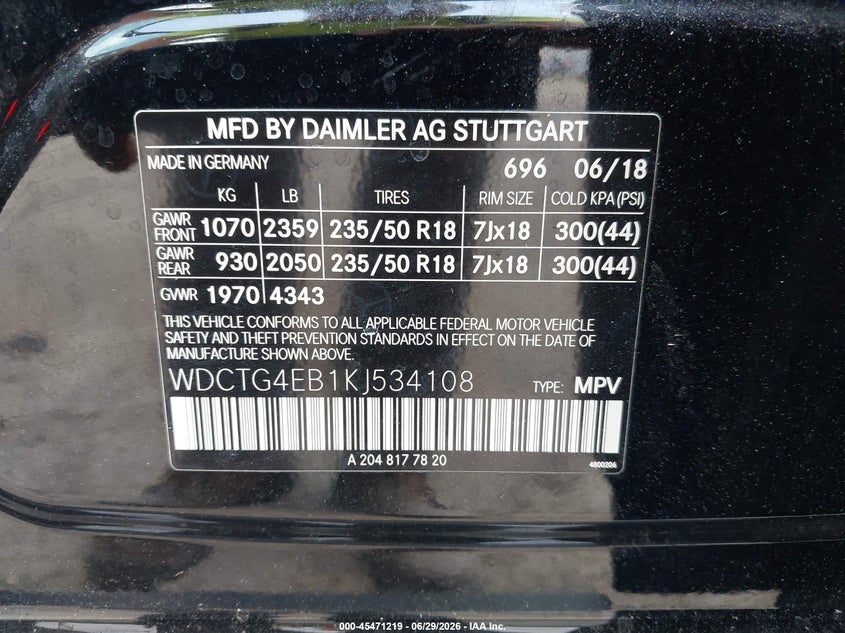2019 Mercedes-Benz Gla 250 VIN: WDCTG4EB1KJ534108 Lot: 45471219