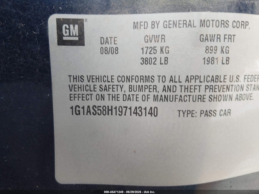 2009 Chevrolet Cobalt Ls VIN: 1G1AS58H197143140 Lot: 45471249