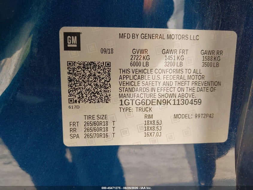 2019 GMC Canyon Slt VIN: 1GTG6DEN9K1130459 Lot: 45471275