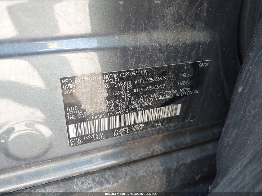 2021 Toyota Venza Xle VIN: JTEAAAAH1MJ069514 Lot: 45471300
