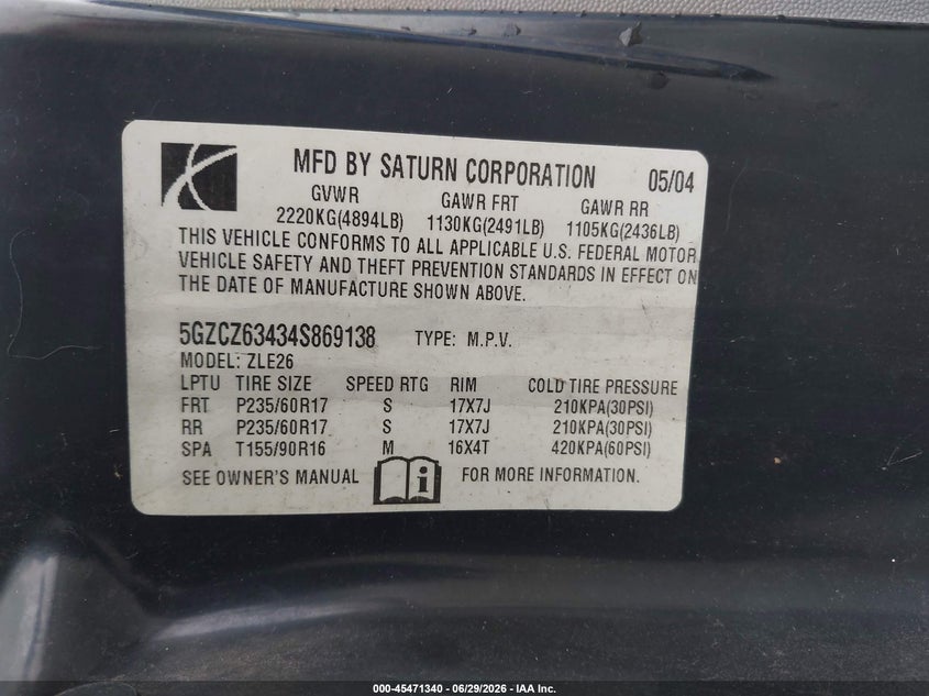 2004 Saturn Vue V6 VIN: 5GZCZ63434S869138 Lot: 45471340