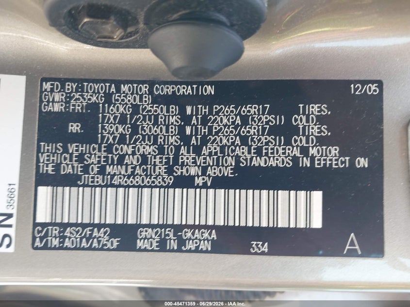 2006 Toyota 4Runner Sr5 VIN: JTEBU14R668065839 Lot: 45471359