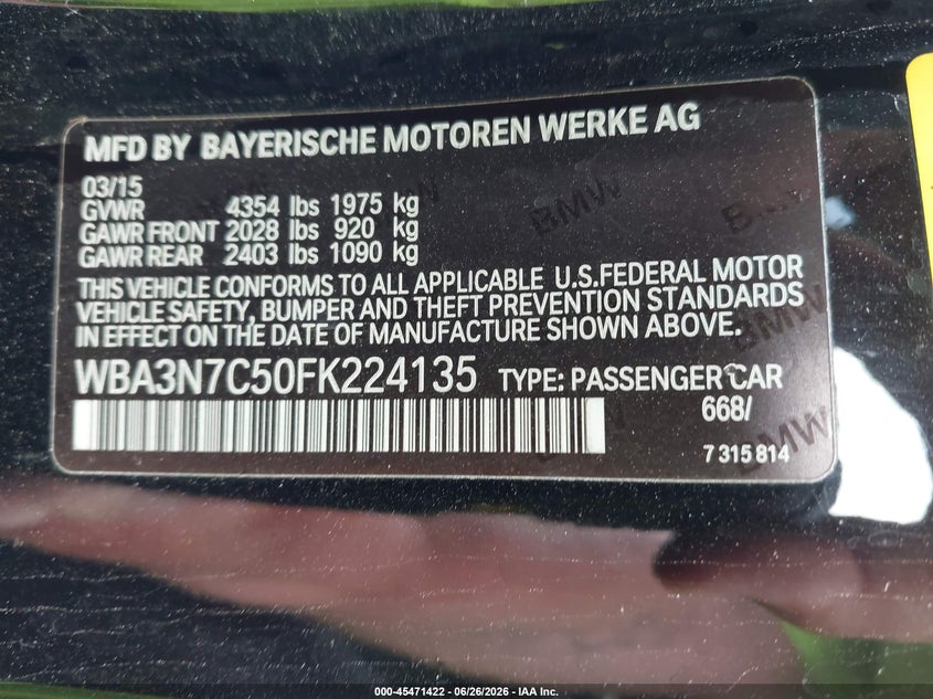 BMW 428I 2015 VIN WBA3N7C50FK224135