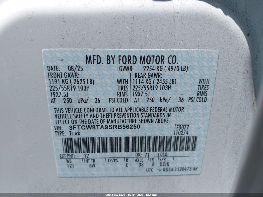 2025 Ford Maverick Lobo Standard VIN: 3FTCW8TA9SRB56250 Lot: 45471423